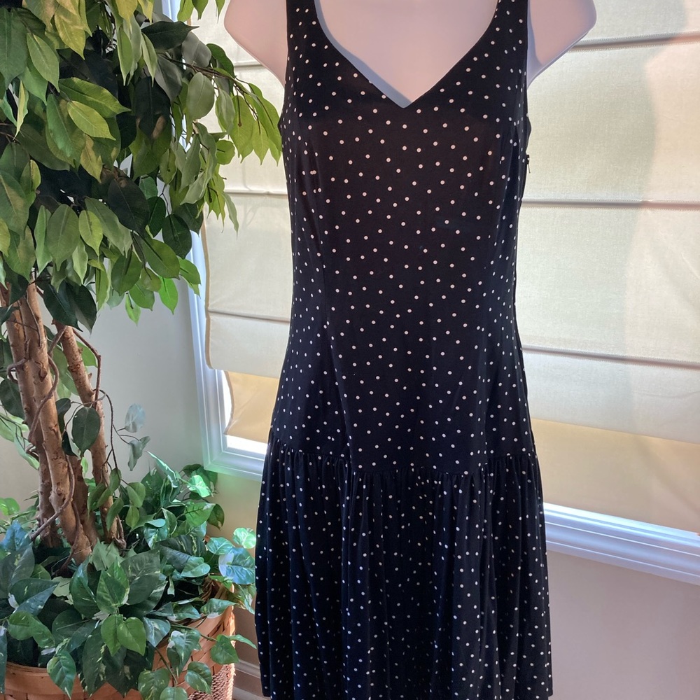 Laura Ashley SZ 2 S navy blue polka dot drop waist low back pleated dress
